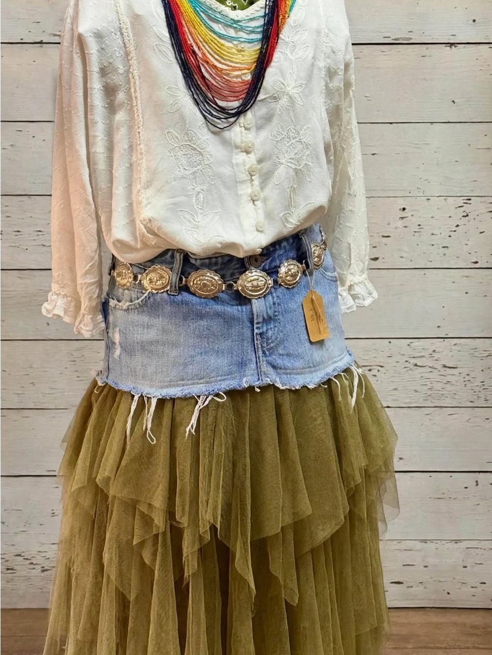Olive Layered Tulle Maxi Skirt with Denim Waistband
